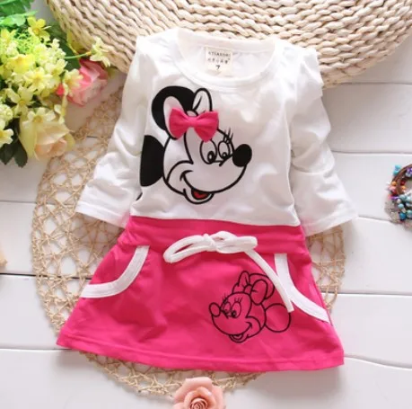 

New Hot Fashion Cute Minnie Stitching Dress Pure cotton Long Sleeve Female Baby Cartoon Print Mini Knee
