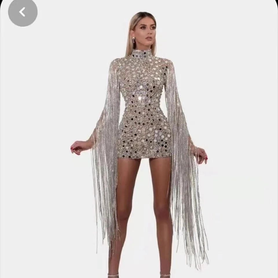 

Sexy Jazz Singer Dancer Stage Costumes Fashion Party Long Tassel Sleeve Club Dress