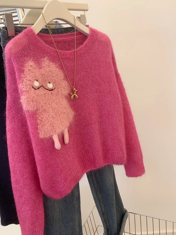 Нежный ветер малиновый розовый пуловер женский свитер на осень и зиму 2024 новая