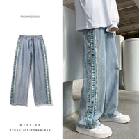 side stripe webbing jeans mens straight tube 2022 spring and autumn trend design feeling loose made old wide leg pants mens