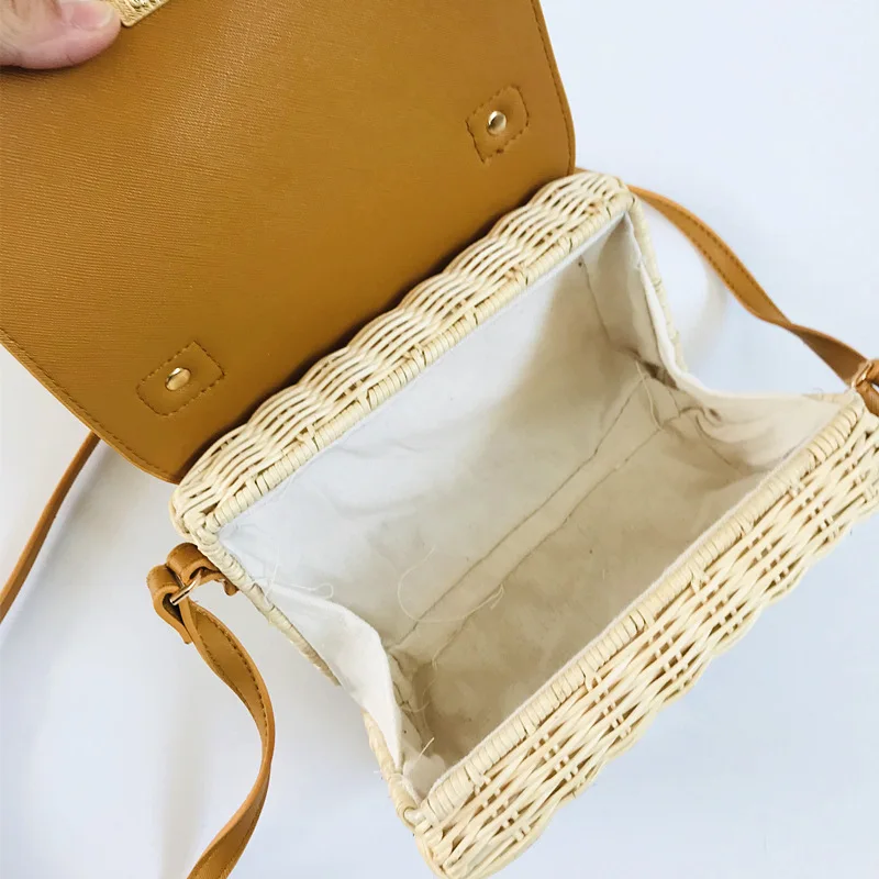 2022 New Straw Grass Woven Leather Patchwork Metal Lock Satches Flip Beach Yellow Shoulder Crossbody Portable Flap square Bag images - 6