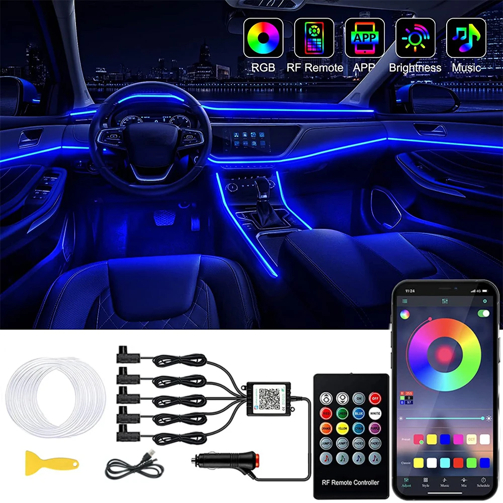 RGB Fiber Optic EL LED Car Ambient Interior Foot Light App Sound Music Control Neon LED Strip Auto Atmosphere Decorative Lamps
