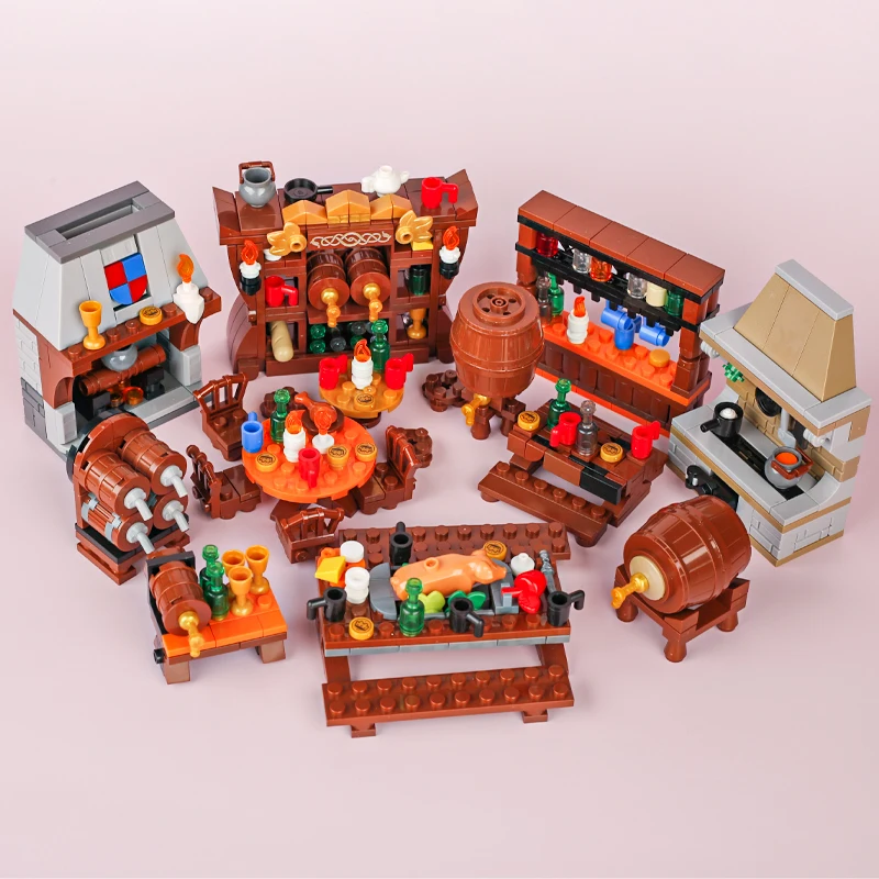 MOC Medieval Furniture Pharmacist Wine Barrel Bar Scrolls Cabinet Building Blocks Piano Bookshelf Paper Map bedrooms Bricks Toys