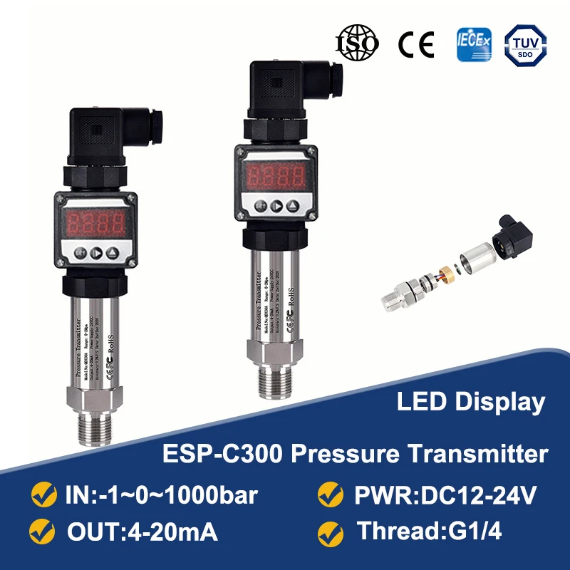 

LED Display Pressure Transmitter Output 4-20mA Input -1-0-1000bar G1/4 Connector Water Tank Oil Gas Sensor Pressure Transducer