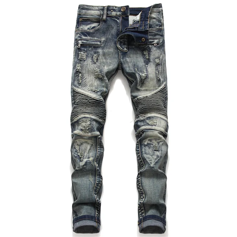

New Biker Skinny Jeans Men's Jean Homme Denim Split Spijkerbroeken Heren Elastic Pants Slim Fit Moto Hip Hop Fashion Pants