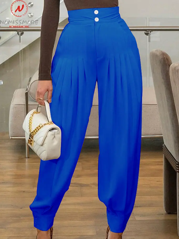 

Женские летние однотонные плиссированные леггинсы в английском стиле, повседневные свободные длинные брюки в стиле пэчворк с декоративными пуговицами и высокой талией