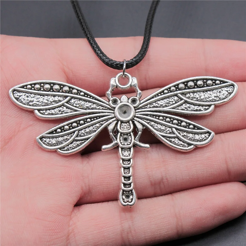 

Dropshipping Antique Silver Color 71x42mm Dragonfly Pendant Faux Black Leather Rope Chain Necklace