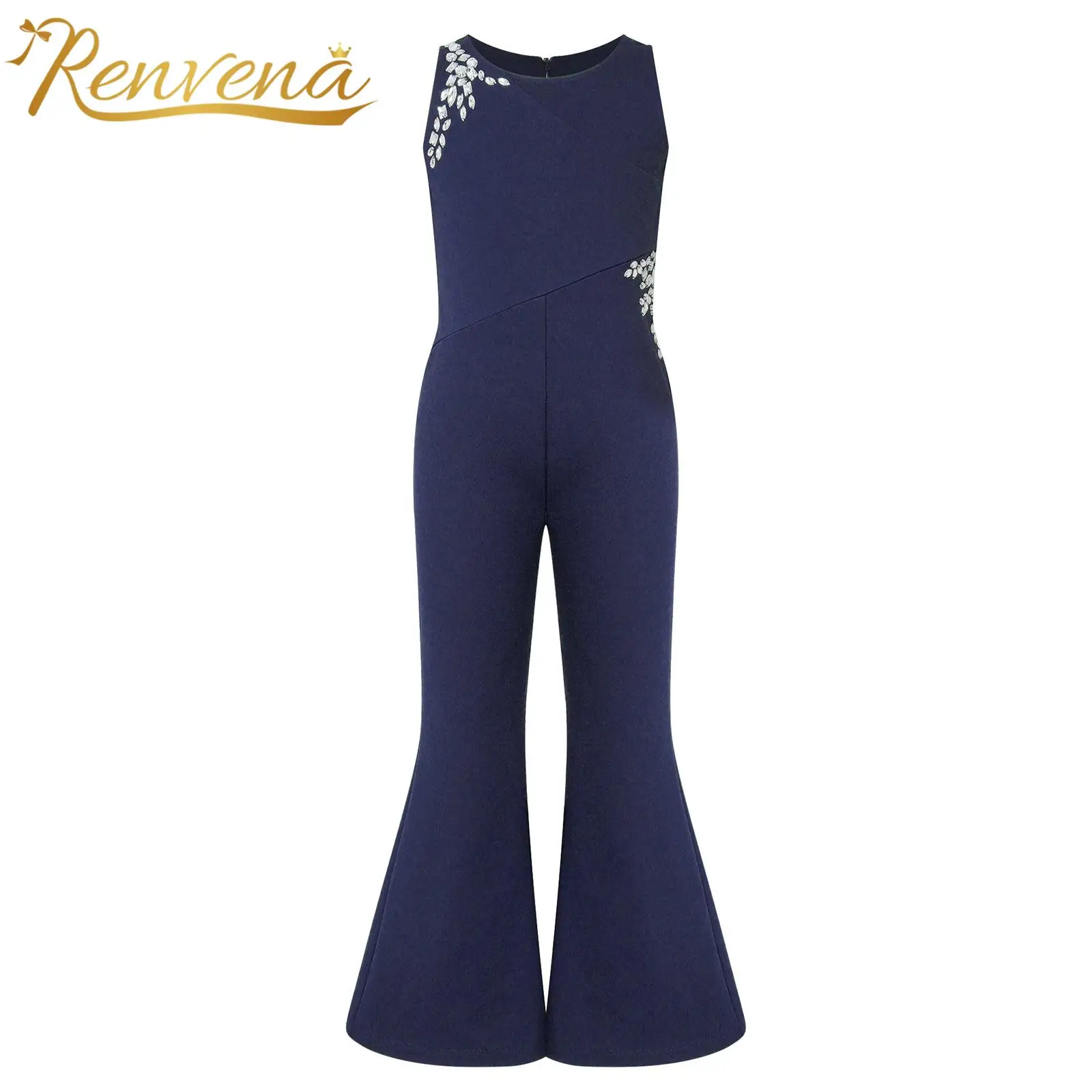 

6-14 Girls Sparkly Rhinestones Jumpsuit Kids Sleeveless Flare Leg Long Pants Birthday Party Jumpsuits for Evenings Celebrations