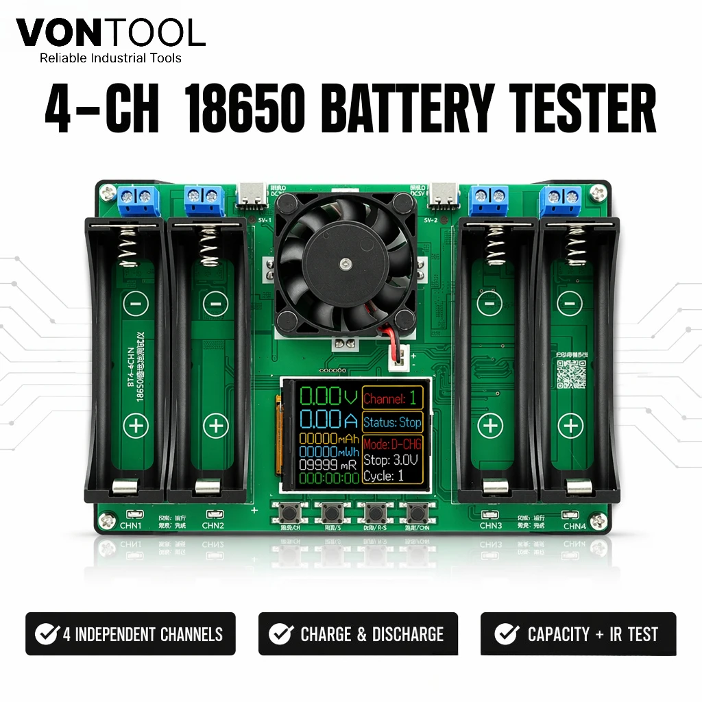 Фото Тестер емкости и внутреннего сопротивления аккумуляторов VONTOOL 4CH 18650, модуль для автоматического циклического заряжания-разряжения с двумя портами Type-C №1