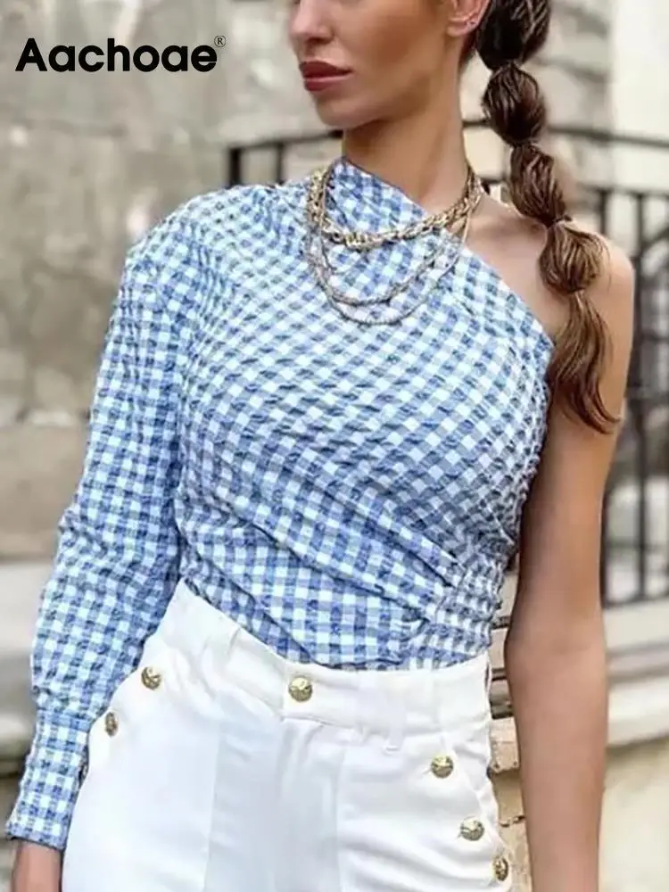 

Aachoae Women Chic Plaid Printed Blouses Shirts Casual Asymmetrical Pleated Shirts Irregular Hem Back Single Breasted Tops