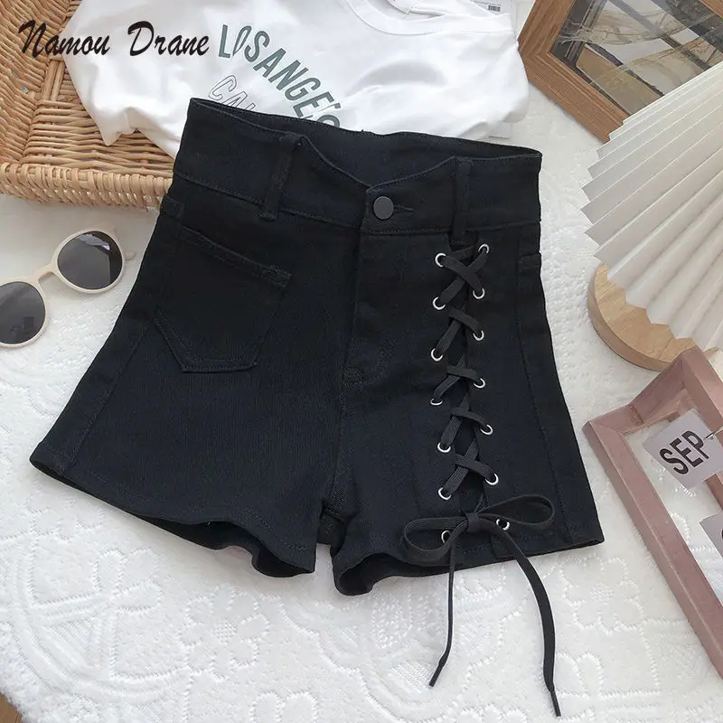 Женские джинсовые широкие шорты со шнуровкой и высокой талией большие размеры
