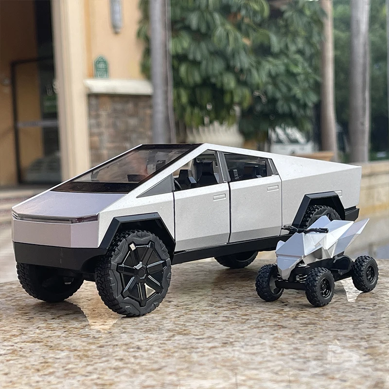 1:24 Tesla Cybertruck пикап с мотоциклом Литые и игрушечные автомобили из сплава металлическая Игрушечная модель автомобиля со звуком и фотоколлекцией игрушек