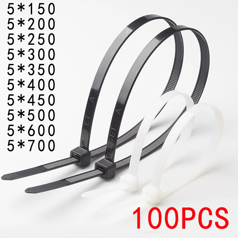 100PCS Nylon Tape Welf-locking Plastic Cable Binding Fastening Cable Winding Zipper Wire Harness Black and White 5mm 400 500 600