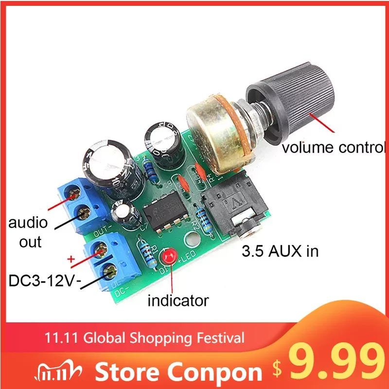 

LM386 10W Audio Amplifier Board Mono 3.5mm DC 3-12V Volume Control