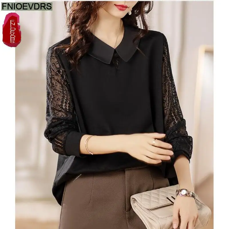 Женская винтажная блузка в стиле ретро Элегантная черная кружевная с воротником