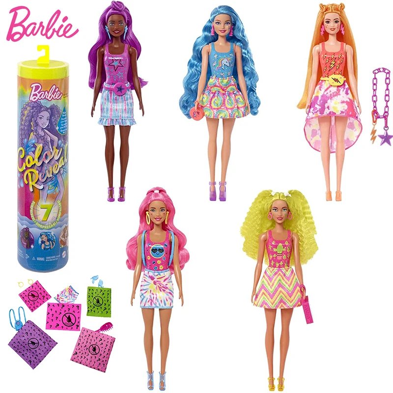 

Original Barbie Color Reveal Neon Tie-Dye Series Girls Dolls Surprises Accessories Water-soluble Toys for Children Tie-Dye Print