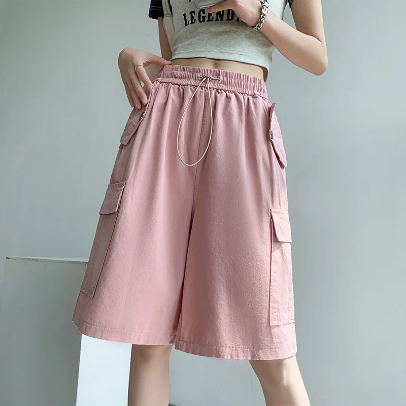 Cargo Shorts Woman 2023 Summer New Arrivals Loose Casual Bottoms With Side Big Pockets Khaki Pink Black Army Green Streetwear