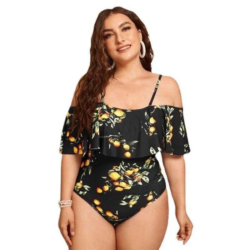 

Bikini Digital Printing Tube Top Off Shoulder Sexy Ruffles Swimsuit