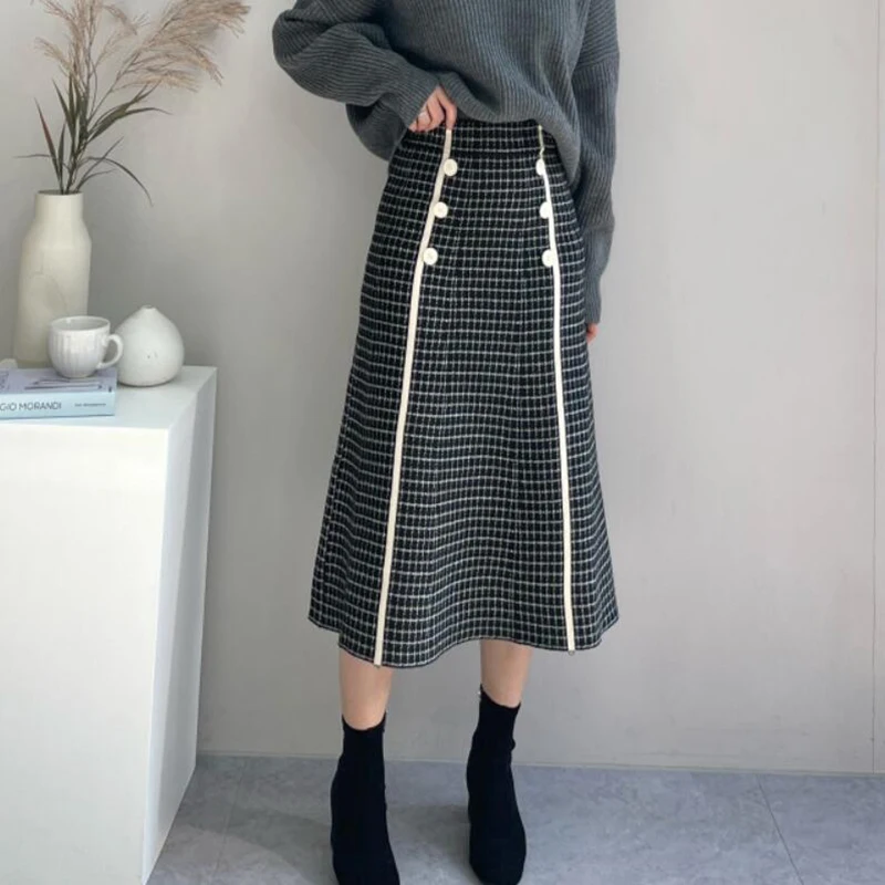 

Vintage Plaid Knitted Skirt Women 2022 Autumn Winter A-Line Sweaters Skirt Elegant Women Ladies Casual Loose High Waist L510