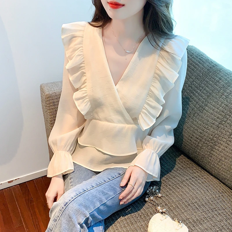 

Женская шифоновая рубашка с оборками, белая блузка с V-образным вырезом и длинными рукавами, одежда в Корейском стиле для весны и осени, 2023