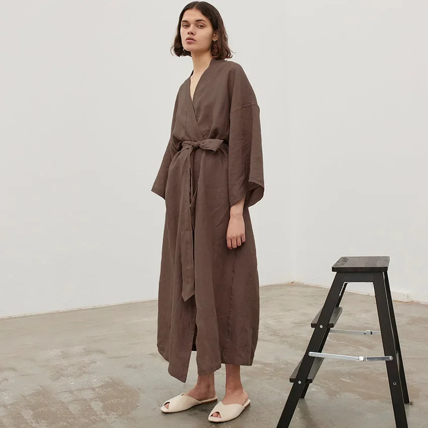 

Autumn Loose Sexy Comfortable Brown Cotton Nightgown Cardigan Lace Up Casual Absorbent Women's Homewear Hotel Night Dress Women