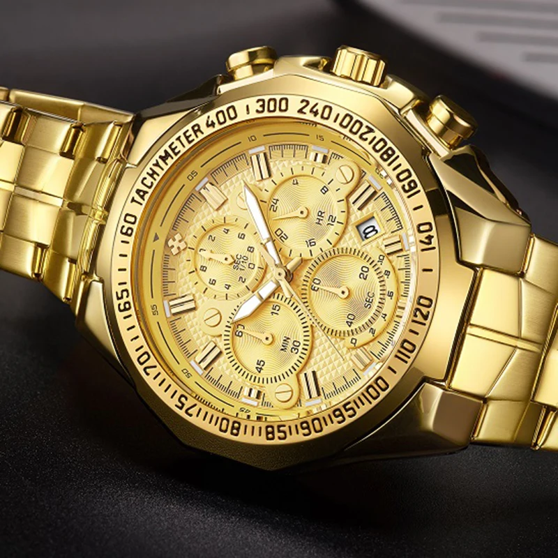 Luxury Wrist Watches For Men Gold Big Golden Male Chronograph Wristwatch Man 5