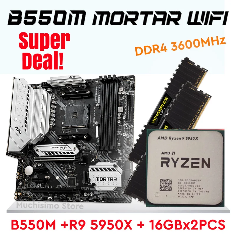 

R9 5950X MSI MAG B550M MORTAR WIFI + R9 5950X + 32GB DDR4 3600MHz Motherboard Combo Ryzen Kit AM4 AMD B550 Gaming Mainboard New