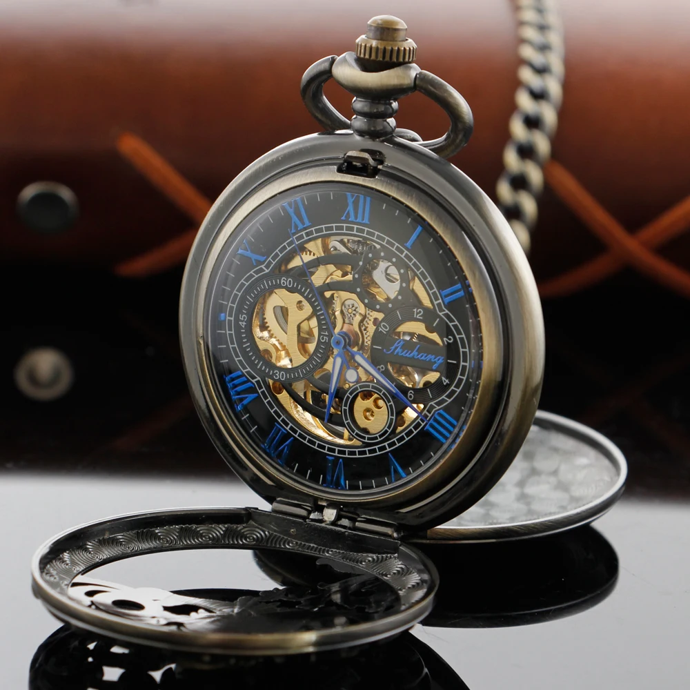 Luxury Exquisite Dragon Sculpture Mechanical Pocket Watch Retro Hollowed-Out Case Analog Skeleton Men's Mechanical Pocket Watch