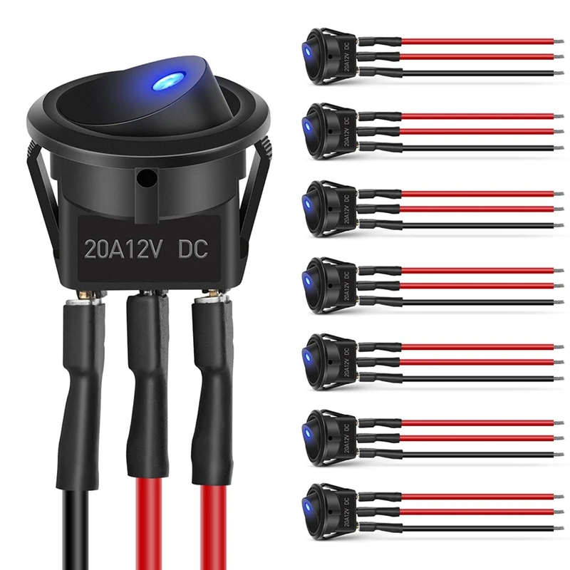 8PCS 12V 20A Round Blue Toggle LED Rocker Switch On-Off Control SPST 3Pins for Car Truck Boat with 24PCS Wires |