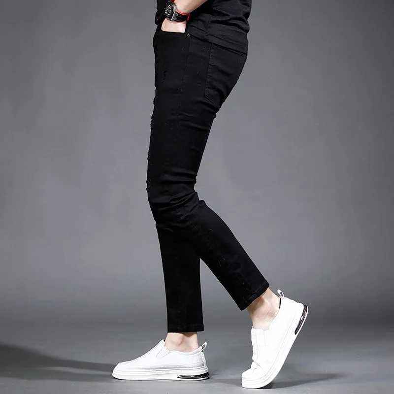 Summer Black Ankle-Length Pants Men Ripped Jeans Streetwear Korean Style Casual Lightweight Slim Fit Denim Trousers