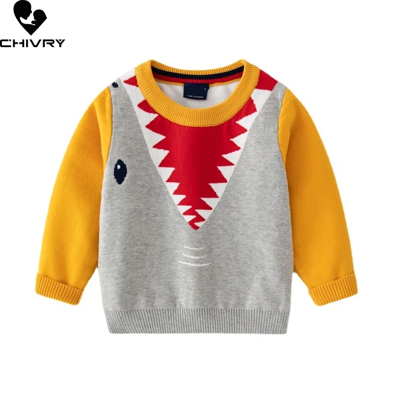 

New 2022 Autumn Winter Kids Pullover Sweater Baby Boys Cartoon Shark Jacquard Thick O-neck Knitted Jumper Sweaters Tops Clothing