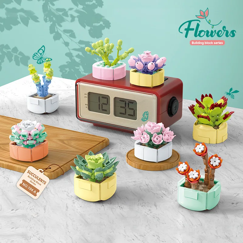 

New Mini Succulents Building Blocks Bonsai Bricks Potted Flowers Blossoms Plants Construccion Toys for Girls Kids Adult Toy Gift