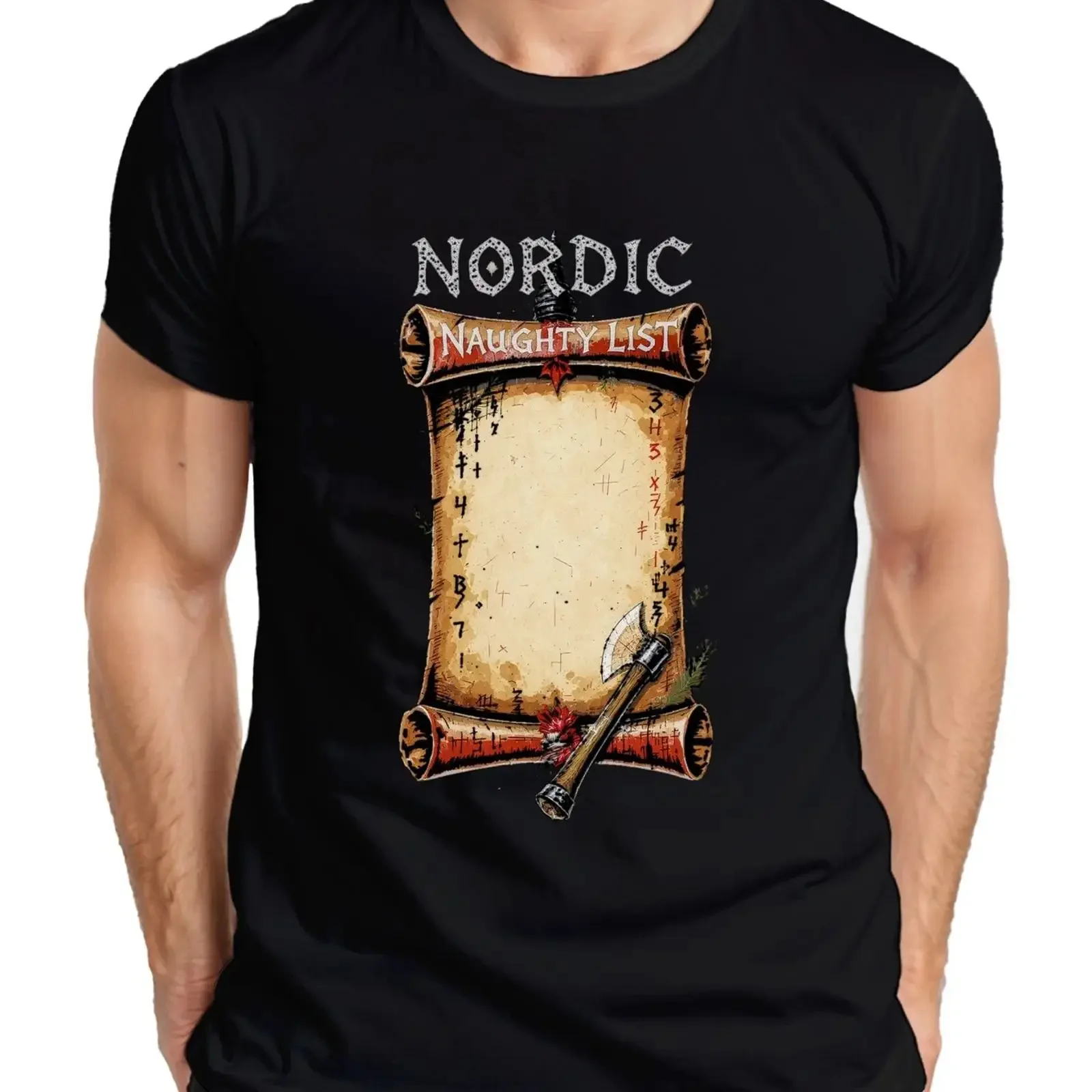 Фото Мужская футболка в стиле ретро с рунами и топором Viking Nordic Naughty List, винтажная, мягкая, стильная, повседневная, удобная, с эффектом потертости, рождественский подарок №1