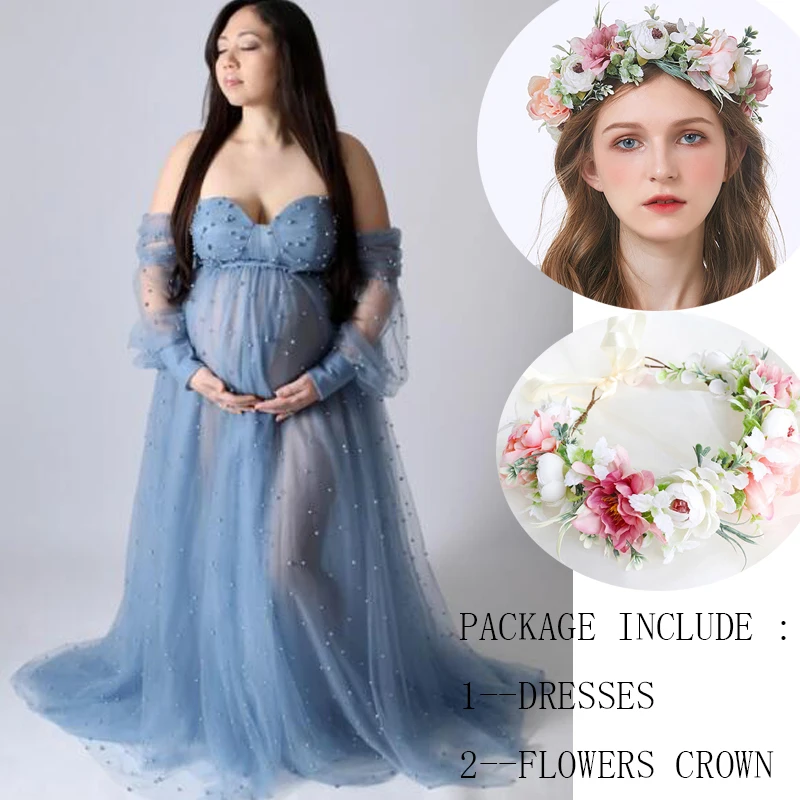 Жемчужное Тюлевое Платье Для Беременных фотосессия Halo Crown SET embarazpara Embarazadas Baby Shower