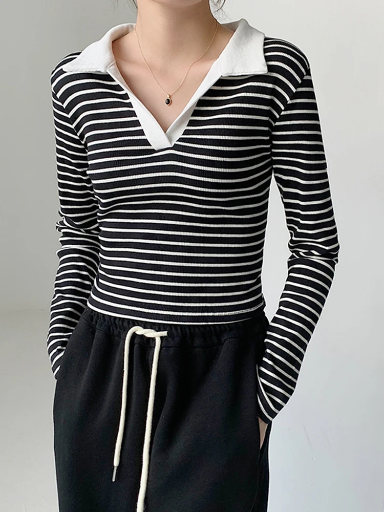 

95% Cotton Polo Women Long Sleeve Casual T-Shirt Striped Polos Mujer Blusas Feminina Short Cropped Tops Shirts Autumn 2022 New