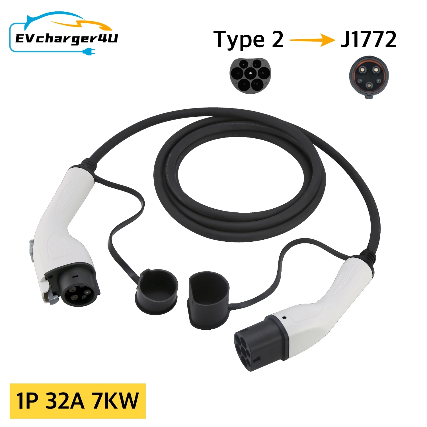 Фото EVcharger4U Тип 2–Тип 1 J1772 Кабель для зарядки EV 1P 32A 7KW 4M для автомобилей электромобилей Использование на общественных зарядных станках №1