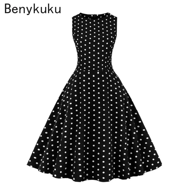 Женское винтажное платье в горошек черный сарафан без рукавов с круглым вырезом
