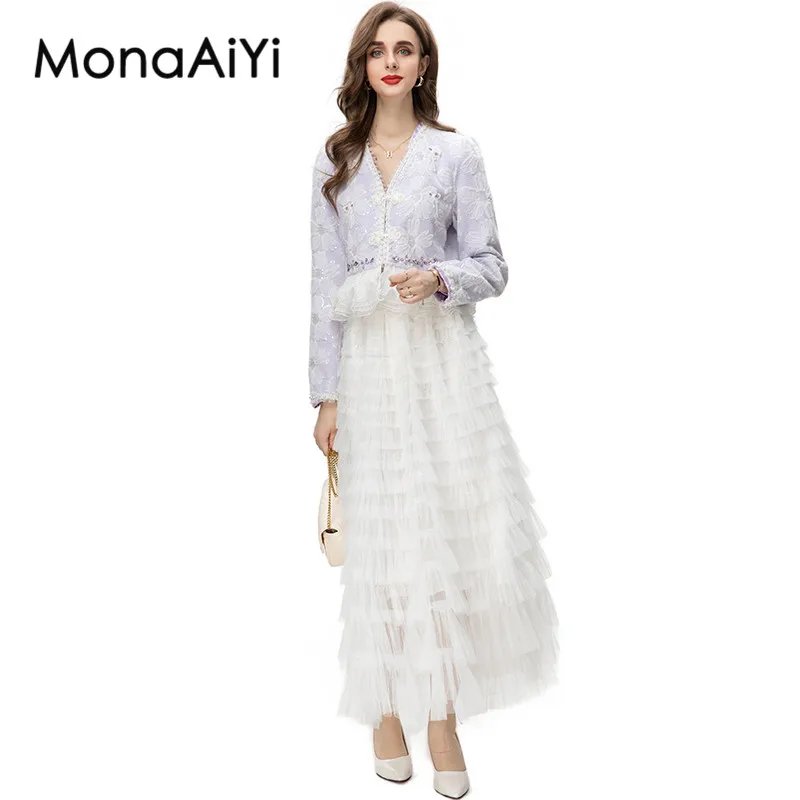 Женский костюм с вышивкой MonaAiYi дизайнерский фиолетовый топ V-образным вырезом