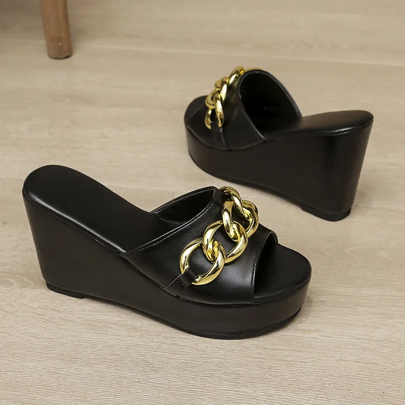 Shoes woman summer 2023 wedge heel heeled slippers chain thick sole platform shoes sandals heels for women
