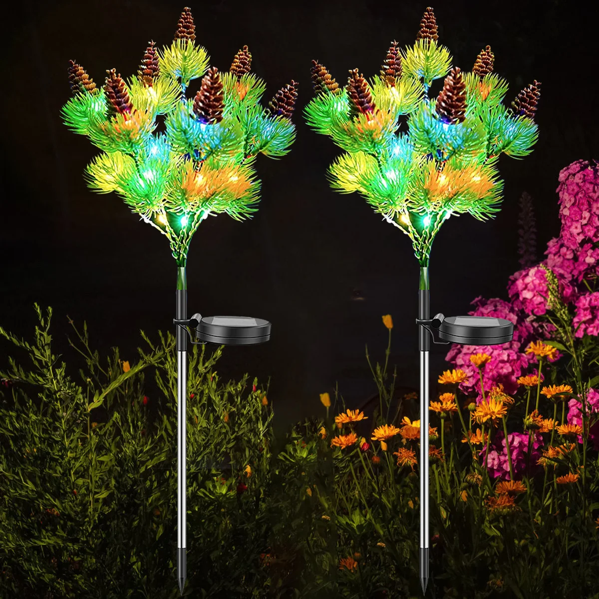 

Solar LED Light 2pcs Solar Pine Lights Outdoor Solar Tree Stake Light IP65 Waterproof Solar Lawn Lamp Multi-color Flickering