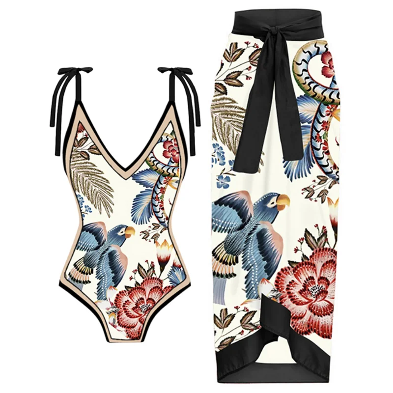 Colorful Printed String Strap Bikini Suit V Neck Gathering Sexy Backless Swimsuit Women Bow Cross Strap Beachwear Fashion