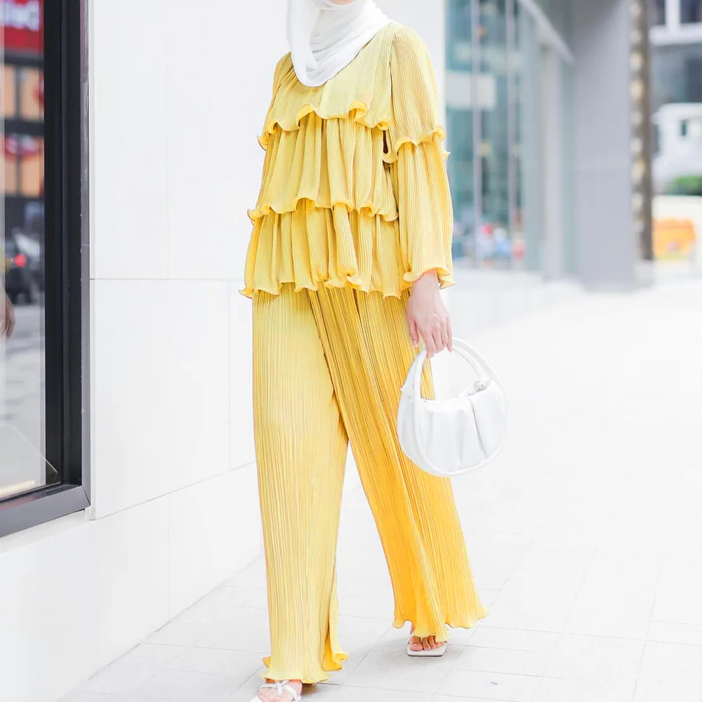 Dubai Turkish Two Piece Set Muslim Women Pleated Lotus Leaf Edge Top And Wide-legged Pants Abaya Solid Islamic Clothing 2PCS