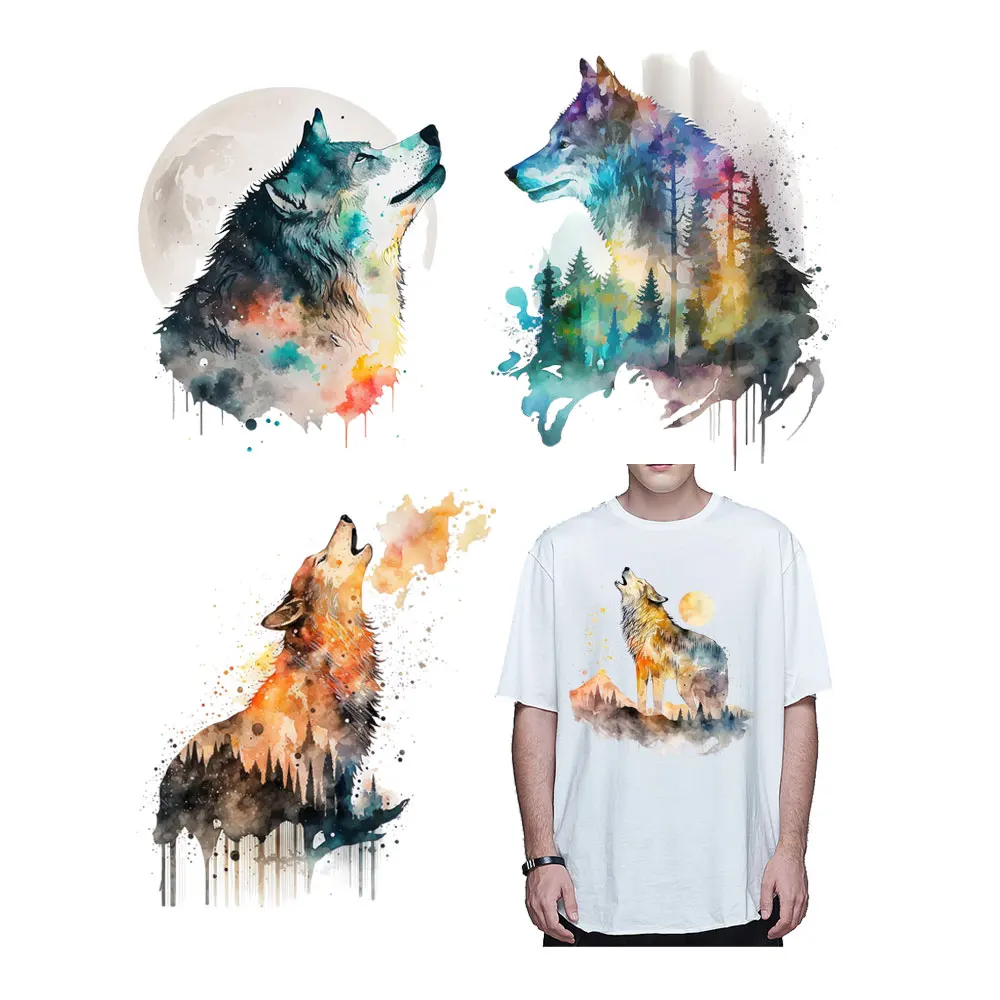 

Watercolor Wolf Pathes Appliques Men Woman Ironing Stickers Heat Transfer Washabe Diy Badges Iron-on Transfers for Clothing