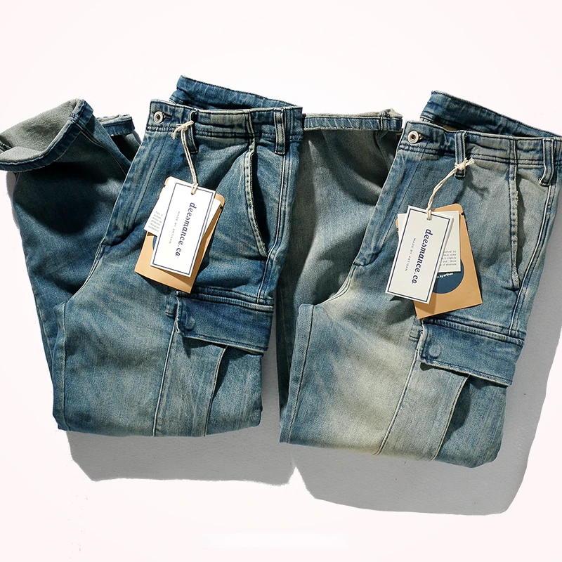 Trousers men's nine minutes pants loose small straight retro washed old heavy stretch jeans.