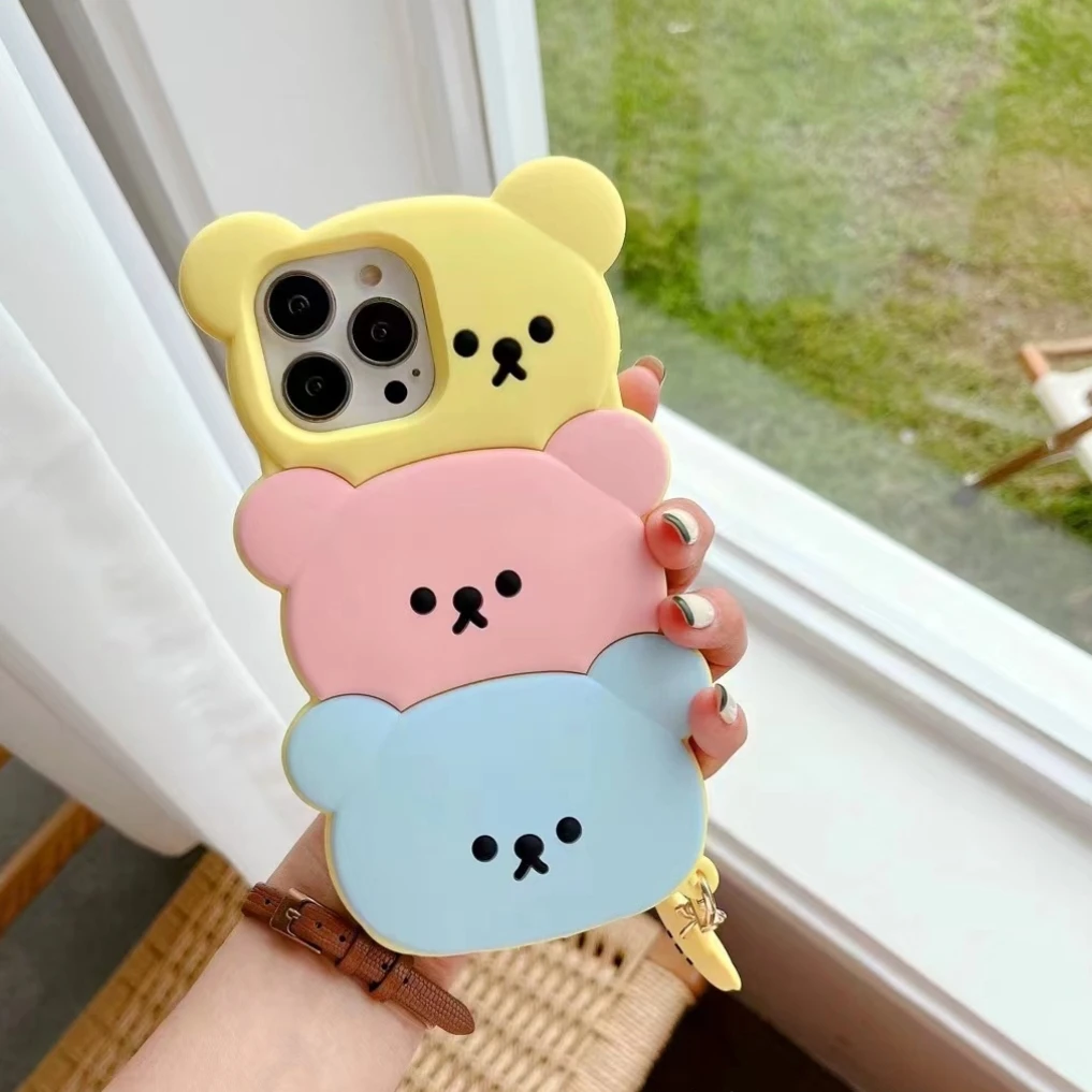 Ins Japan Cute 3D Cindy Color Bear Plain Phone Case For iPhone 14 13 12 11 Pro XS Max  Cartoon Animal Shockproof Soft Cover