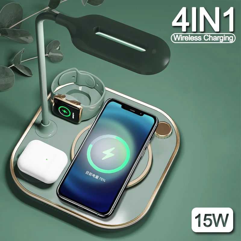 

New 4in1 Wireless Charging Station For Iphone samsung xiaomi huawei OPPO With Table Lamps Fast Charger For iPhone IWatch AirPods