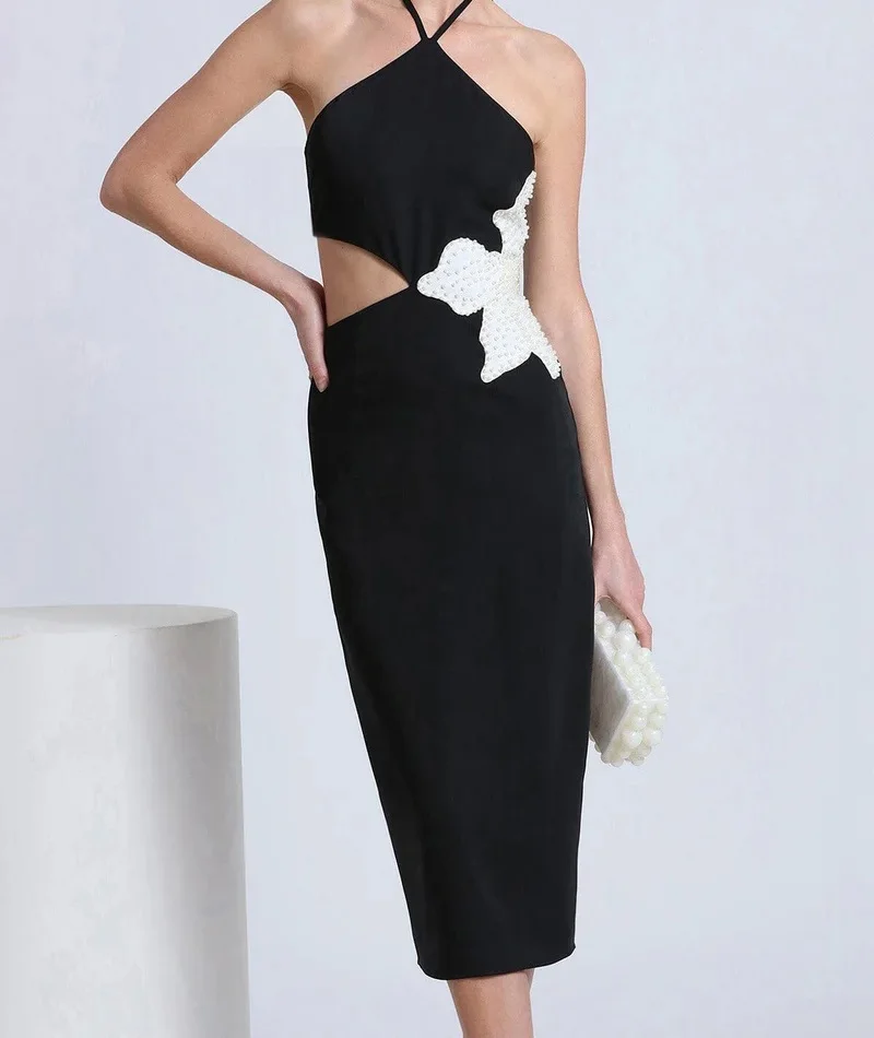 Новые женские модные сексуальные черные висячие платья с жемчужным цветком и