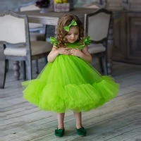 fluorescent green kid tulle party dresses for performence extra puffy flower girl dress flying sleeves satin and tutu chid gown