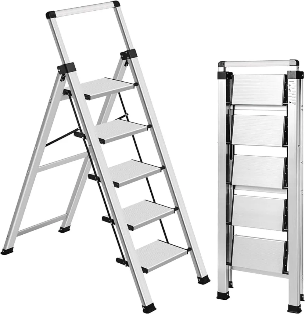 

XinSunho 5 Step Ladder, Retractable Handgrip Folding Step Stool with Anti-Slip Wide Pedal, Aluminum Stool Ladders 5 Steps, 330lb