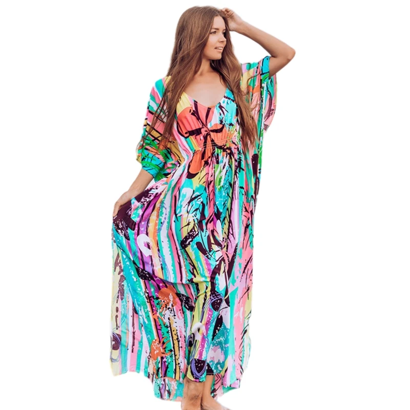 

Y166 Women's Fresh Print Swimsuits Bikini Cover Up Summer Beach Swimwear,Long Dress
